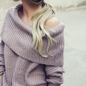 NWT Umgee Cozy Nubby Knit Cowl Neck Off The Shoulder Sweater - Taupe Size Small